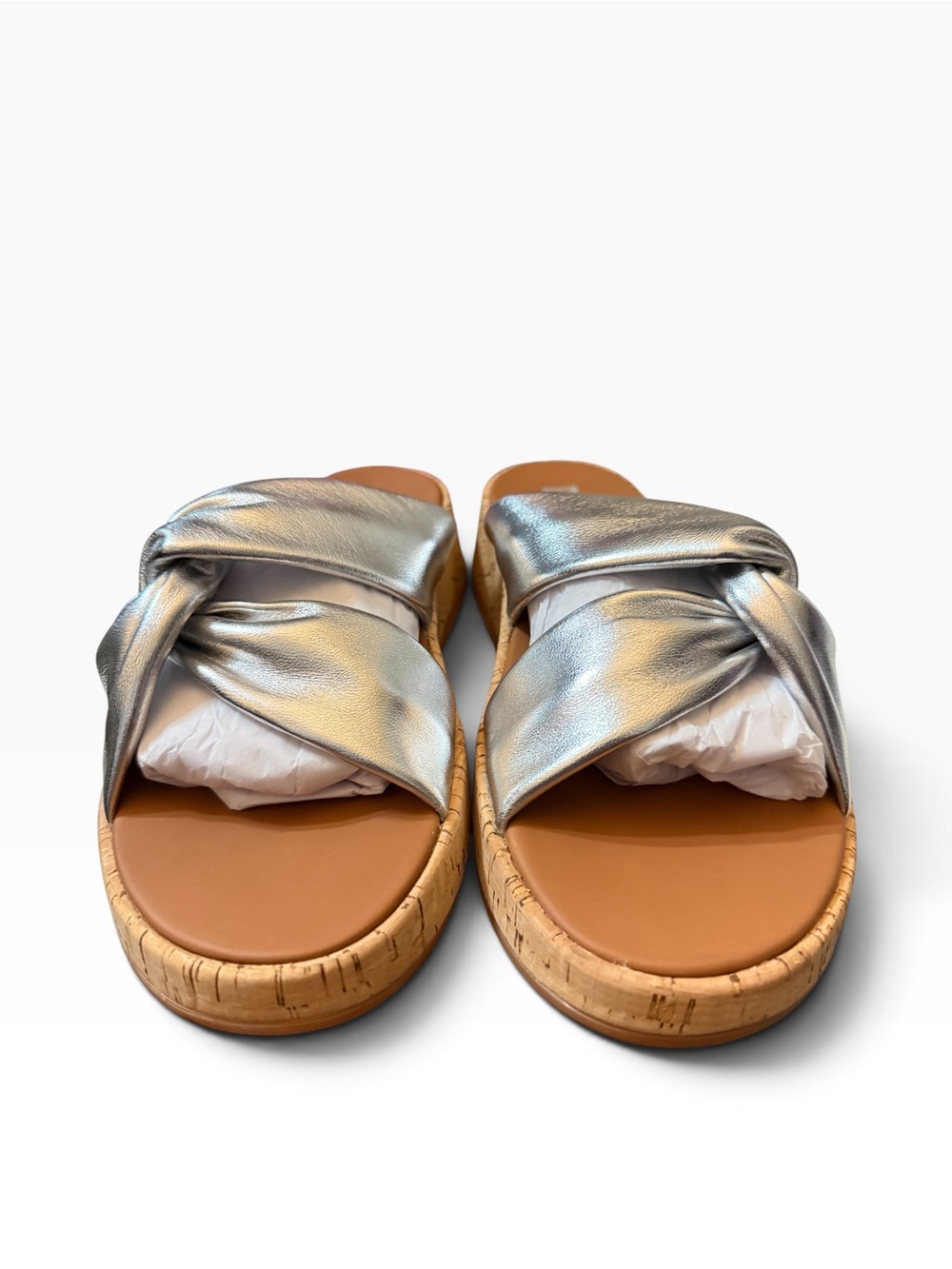 FitFlop F-Mode Leather Twist Flatform Slides Silver Size 10 NIB